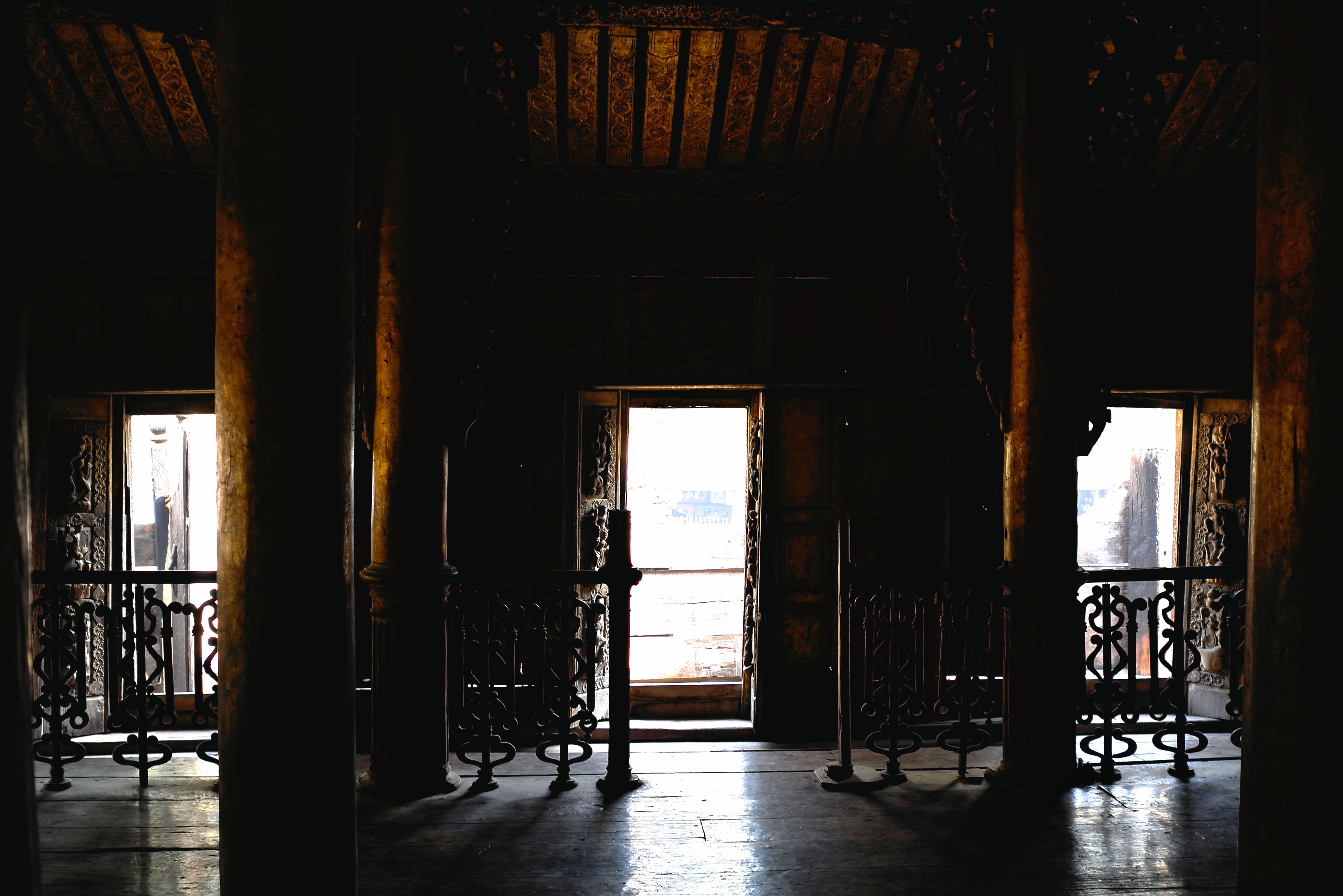 View of interior of Shwenandaw Temple in Mandalay, Myanmar and looking out