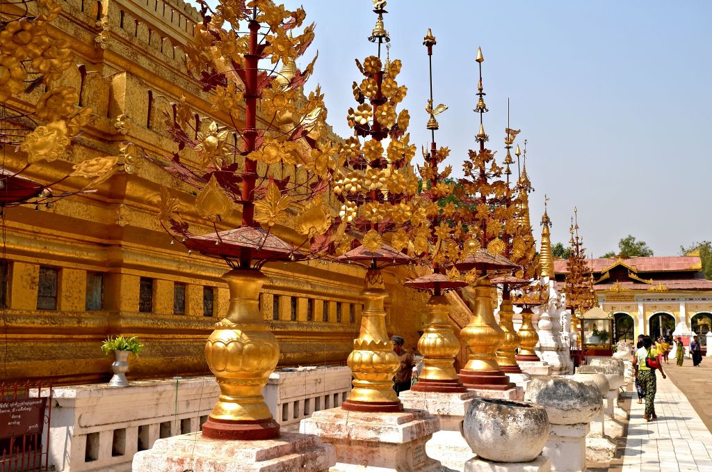 Gold decorations surrounding the base of the Shwezigon Pagoda in Bagan, Myanmar